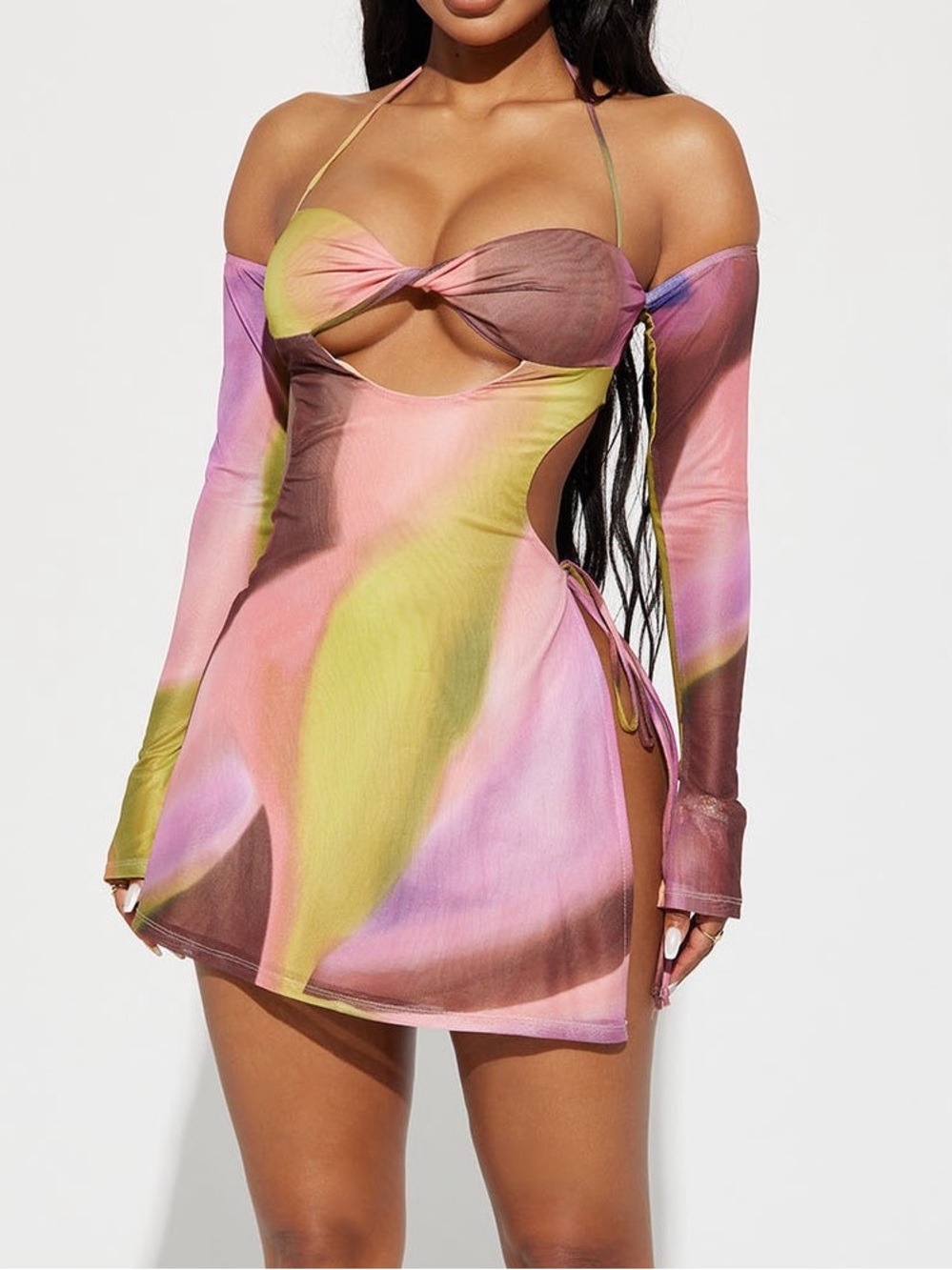 Fashion Nova Pink, Green & Purple Cutout Tie-Front Mini Dress